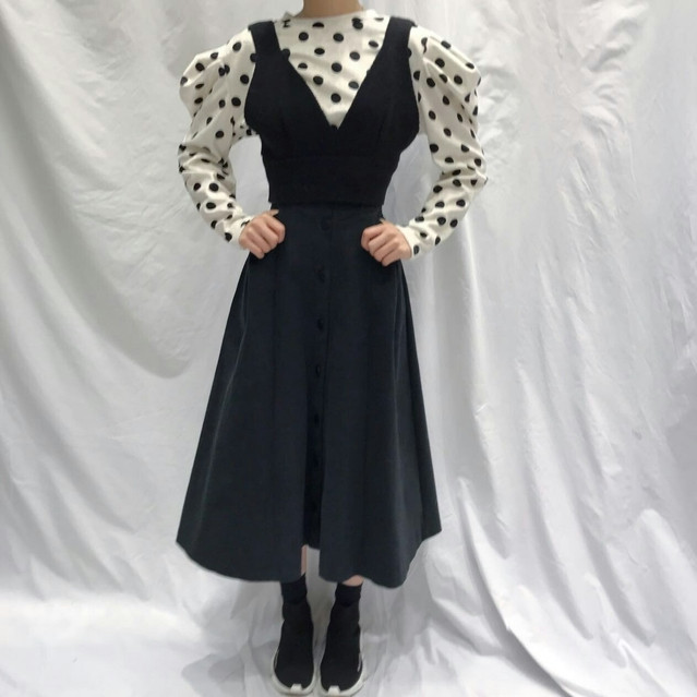Button high waist long skirt open a line feminine 