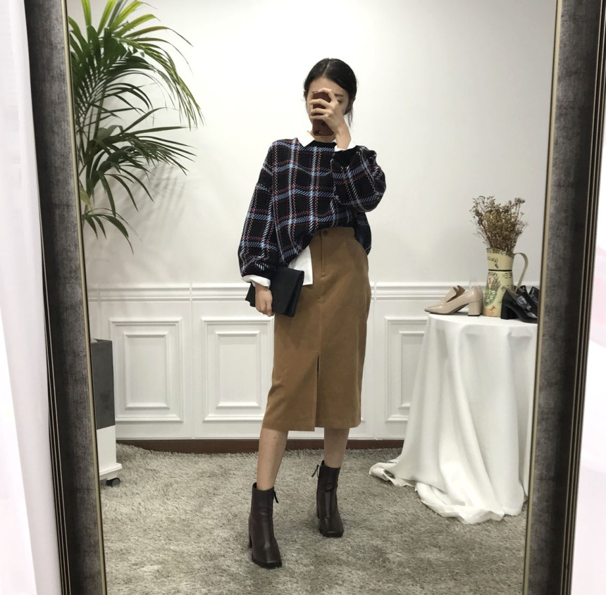 H line corduroy long incision skirt Natural simpli