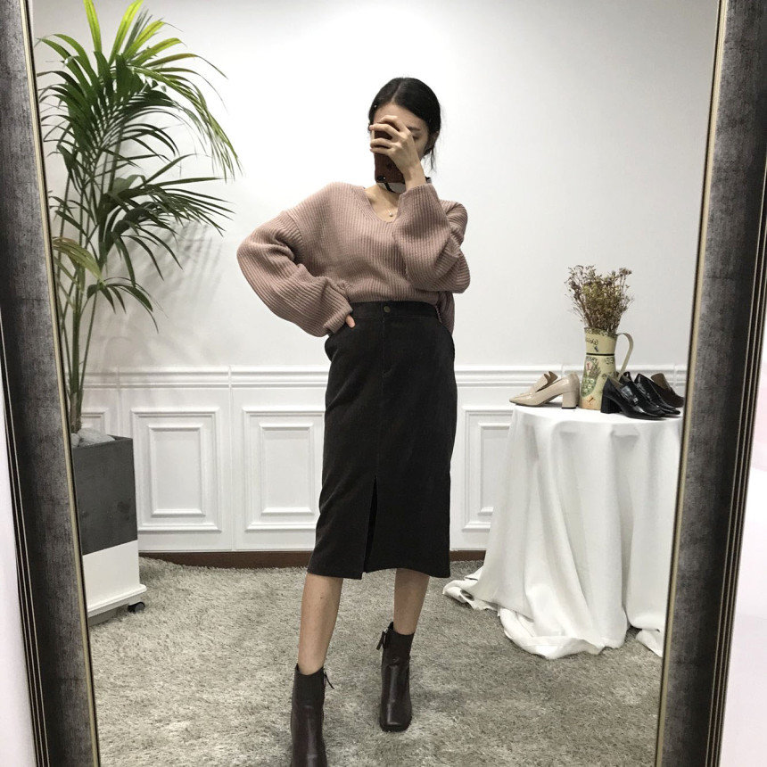 H line corduroy long incision skirt Natural simpli