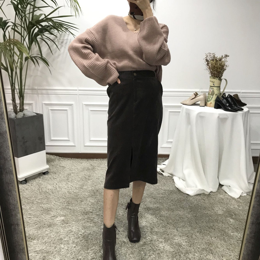 H line corduroy long incision skirt Natural simpli