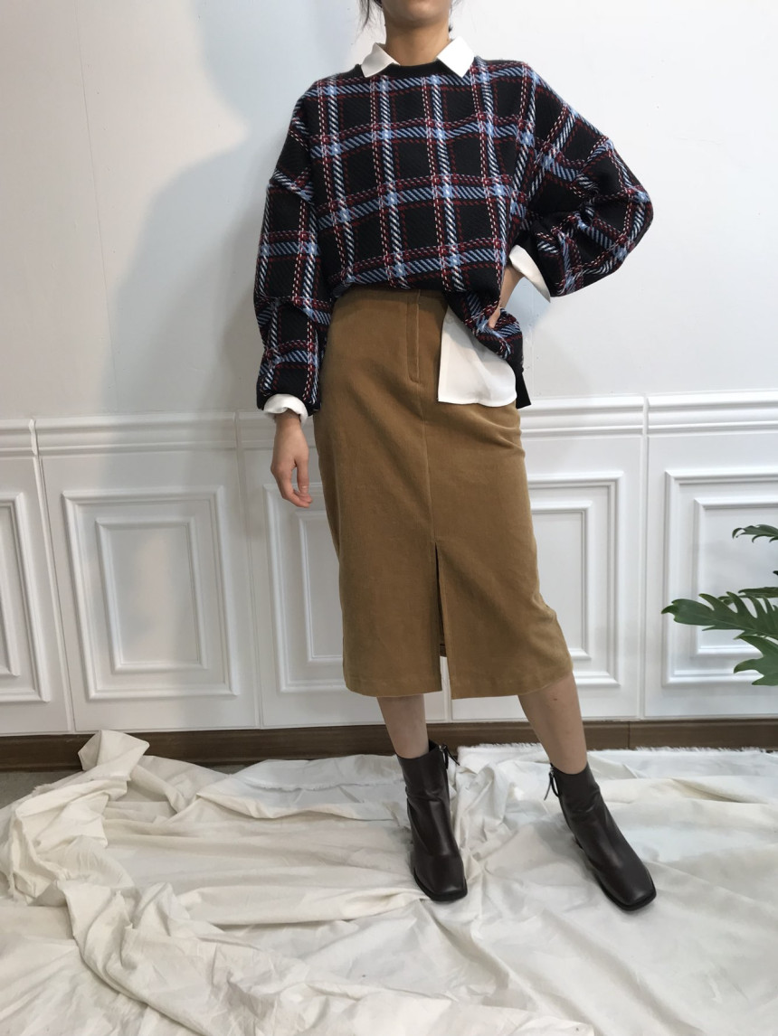 H line corduroy long incision skirt Natural simpli