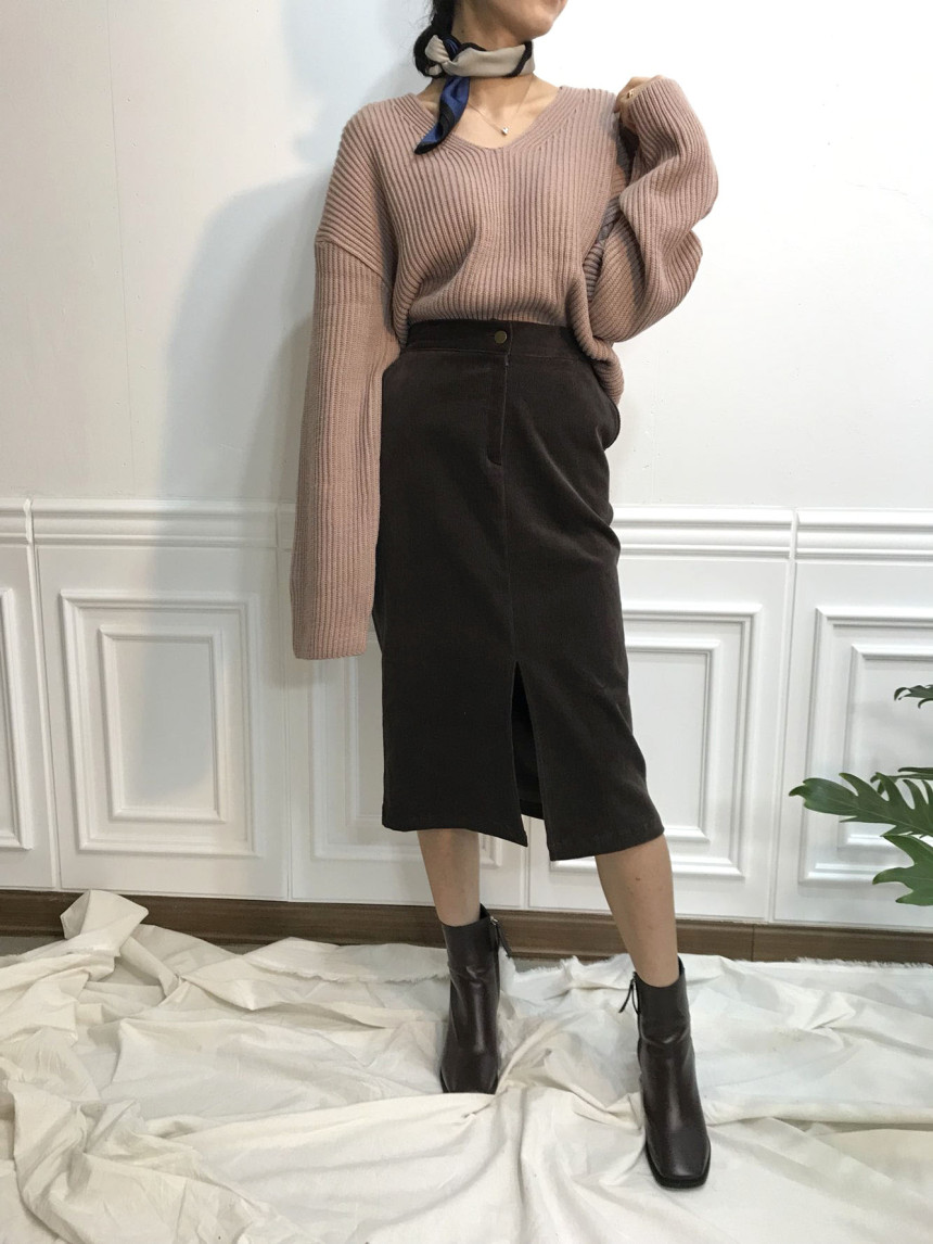 H line corduroy long incision skirt Natural simpli