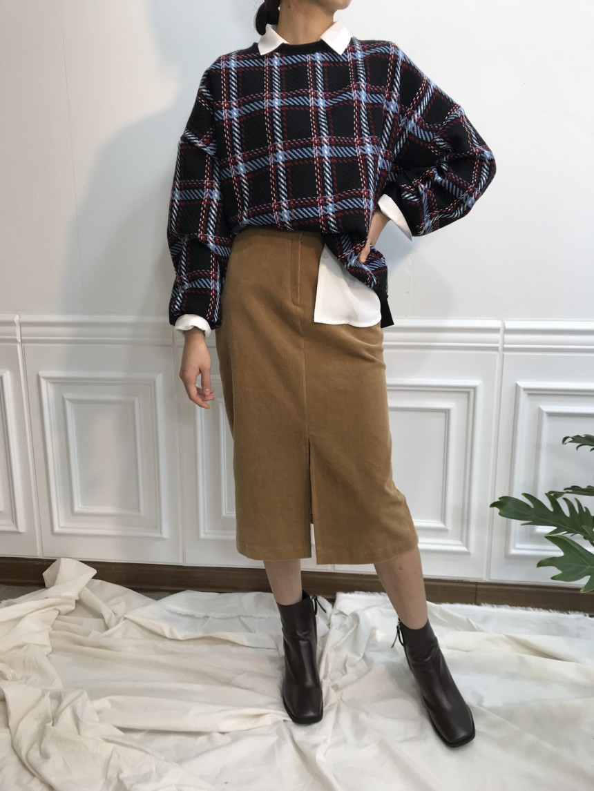 H line corduroy long incision skirt Natural simpli