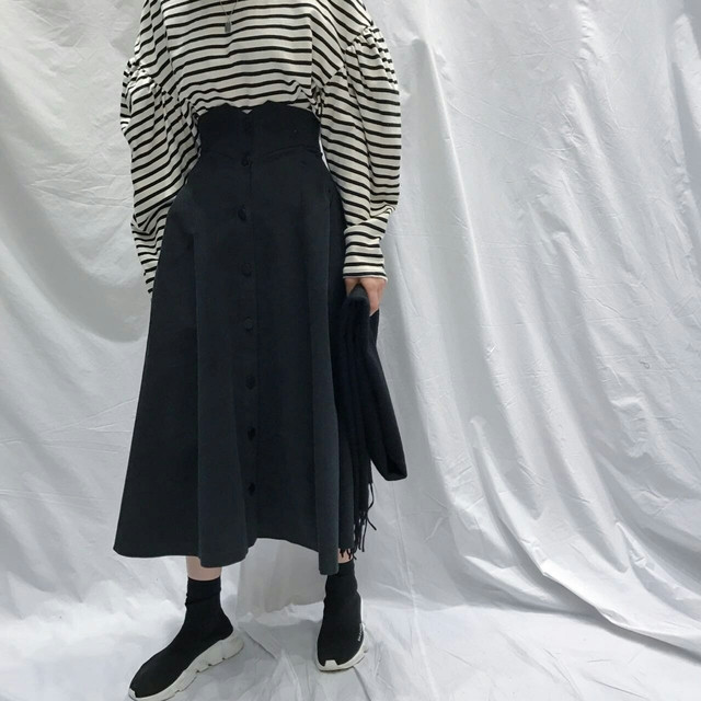 Button high waist long skirt open a line feminine 