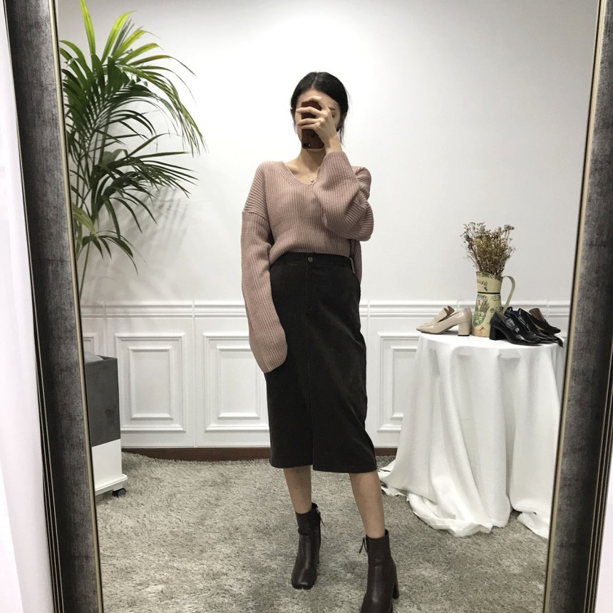 H line corduroy long incision skirt Natural simpli