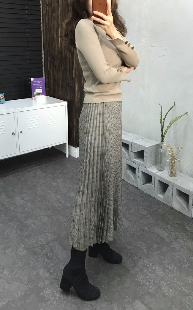 Banding Check Pleated Long Skirt 2 Colors 30 Women
