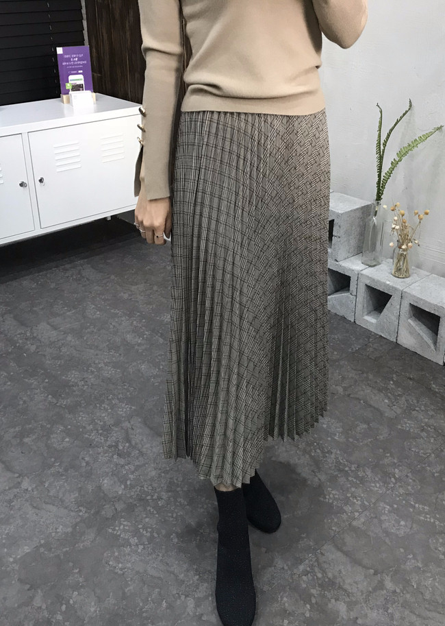 Banding Check Pleated Long Skirt 2 Colors 30 Women