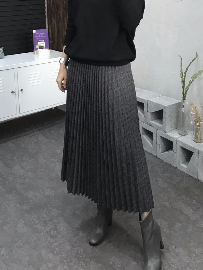 Banding Check Pleated Long Skirt 2 Colors 30 Women