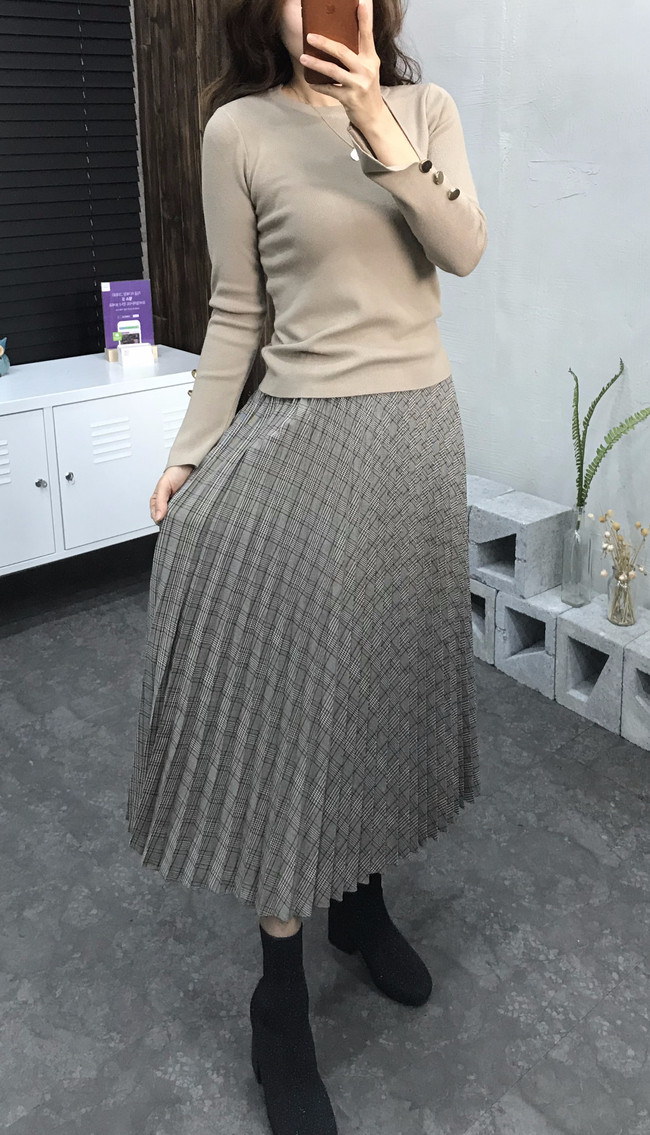 Banding Check Pleated Long Skirt 2 Colors 30 Women