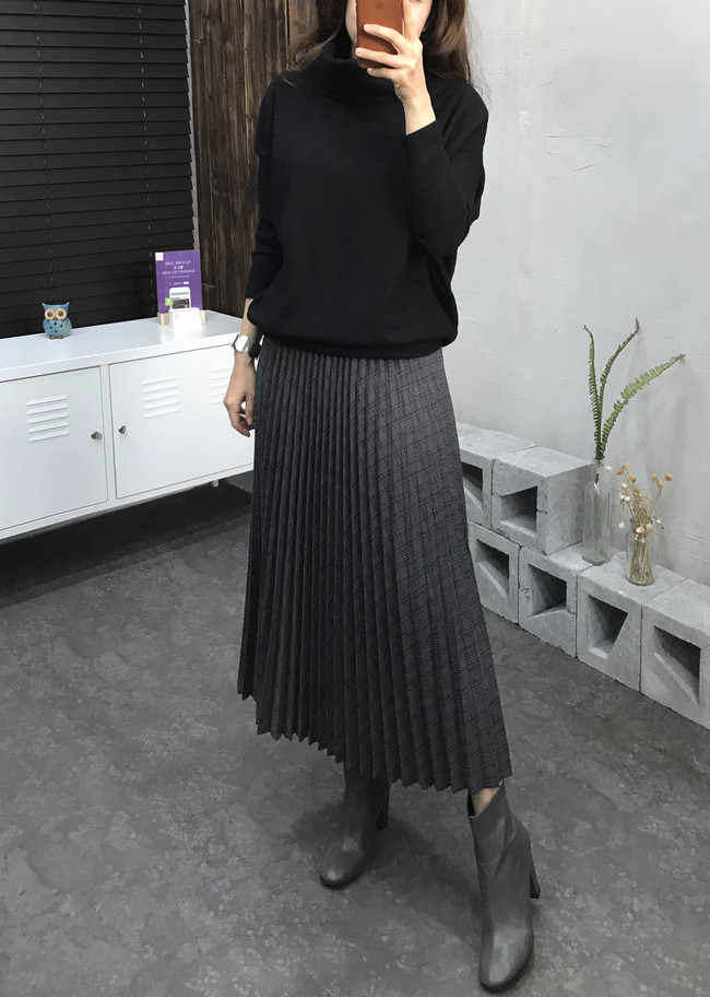Banding Check Pleated Long Skirt 2 Colors 30 Women