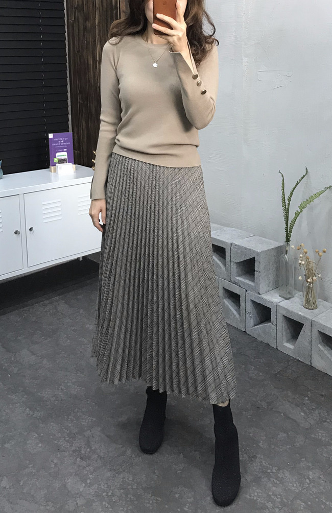 Banding Check Pleated Long Skirt 2 Colors 30 Women
