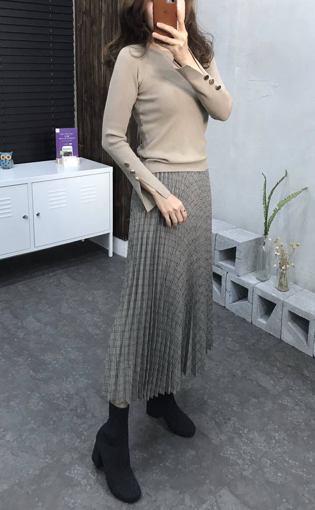 Banding Check Pleated Long Skirt 2 Colors 30 Women