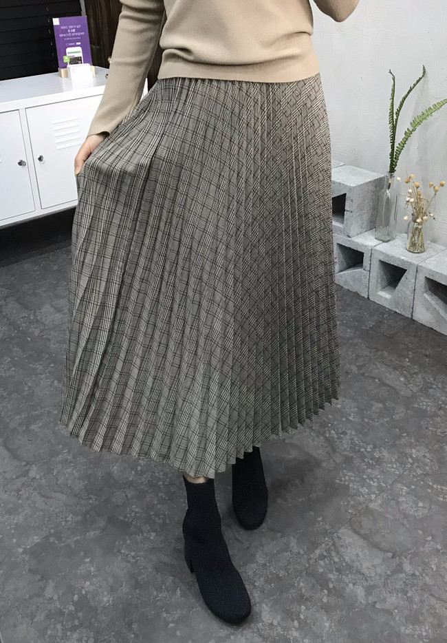 Banding Check Pleated Long Skirt 2 Colors 30 Women