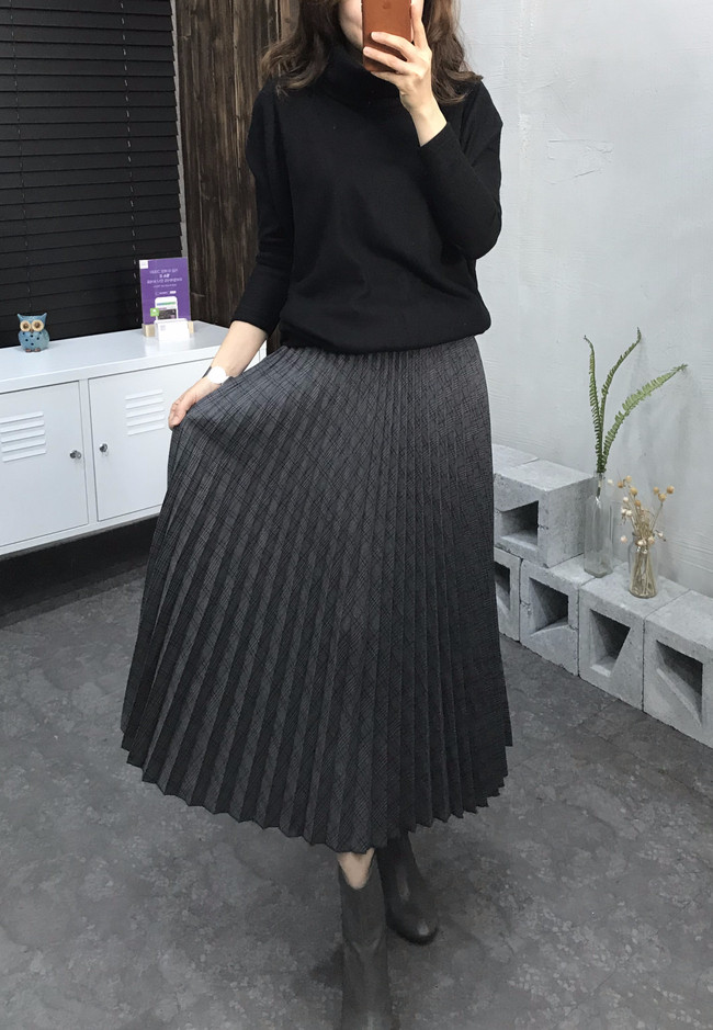 Banding Check Pleated Long Skirt 2 Colors 30 Women