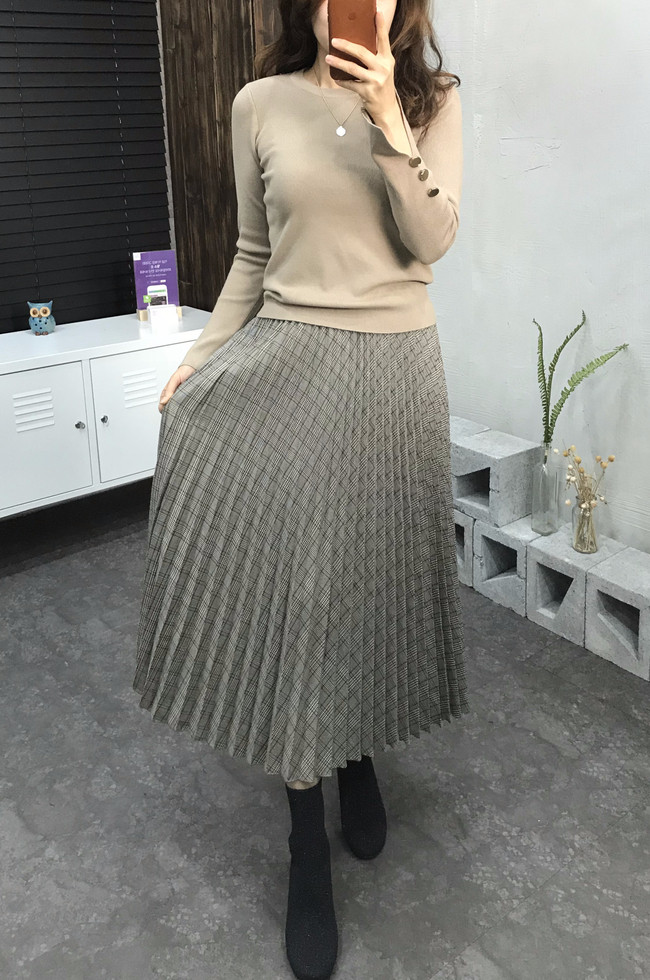 Banding Check Pleated Long Skirt 2 Colors 30 Women