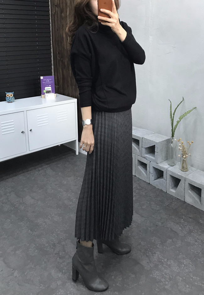 Banding Check Pleated Long Skirt 2 Colors 30 Women