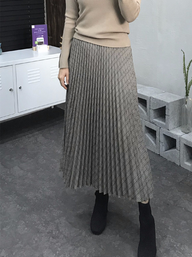 Banding Check Pleated Long Skirt 2 Colors 30 Women
