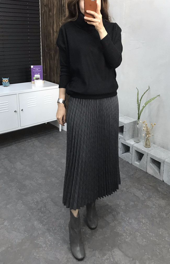 Banding Check Pleated Long Skirt 2 Colors 30 Women