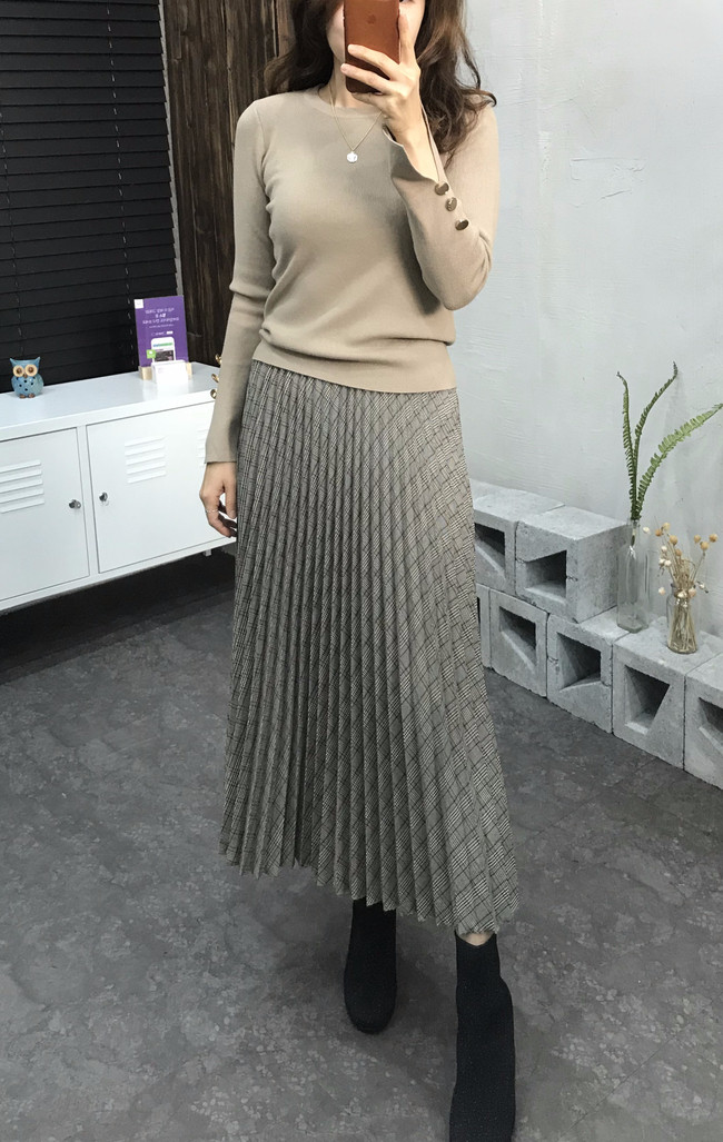 Banding Check Pleated Long Skirt 2 Colors 30 Women