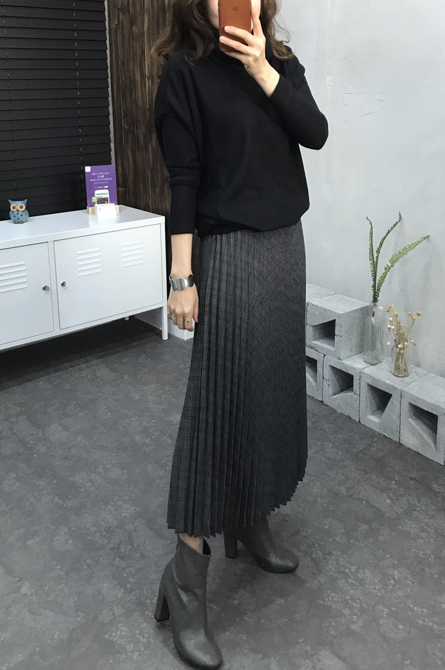 Banding Check Pleated Long Skirt 2 Colors 30 Women