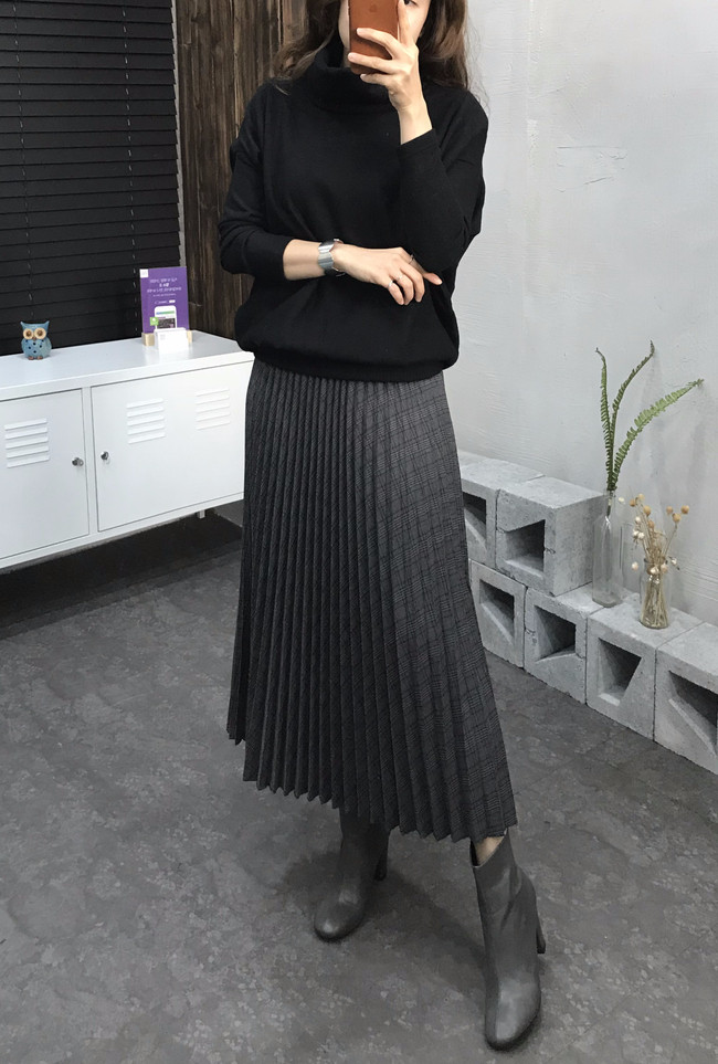 Banding Check Pleated Long Skirt 2 Colors 30 Women