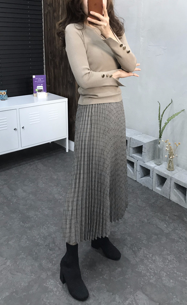 Banding Check Pleated Long Skirt 2 Colors 30 Women
