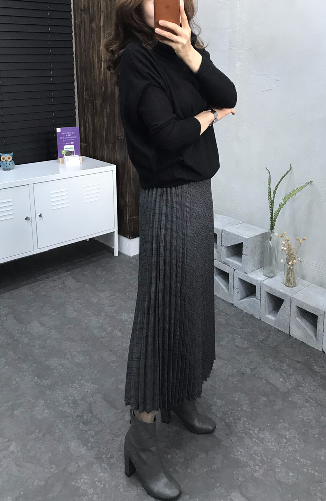 Banding Check Pleated Long Skirt 2 Colors 30 Women