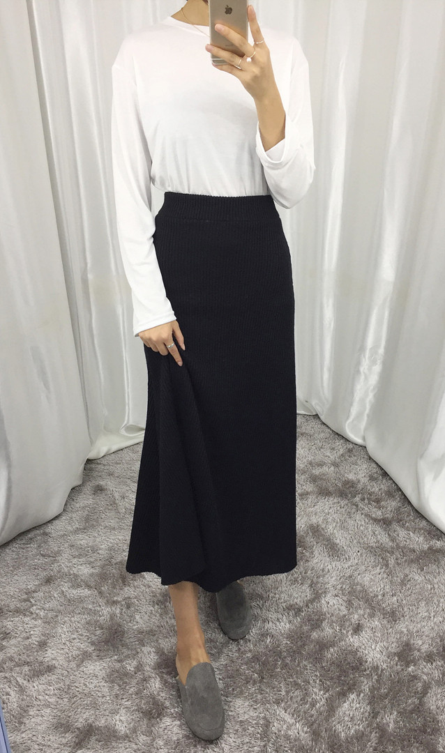 Knit Flare Long Skirt Winter Black Banding Autumn 