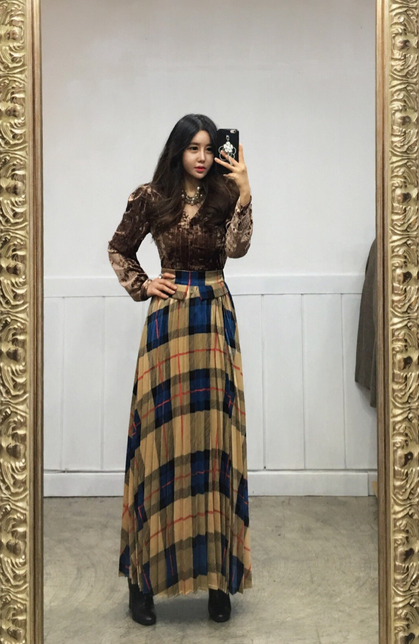 Milano Check Pleated Long Skirt 2COLOR Women's 