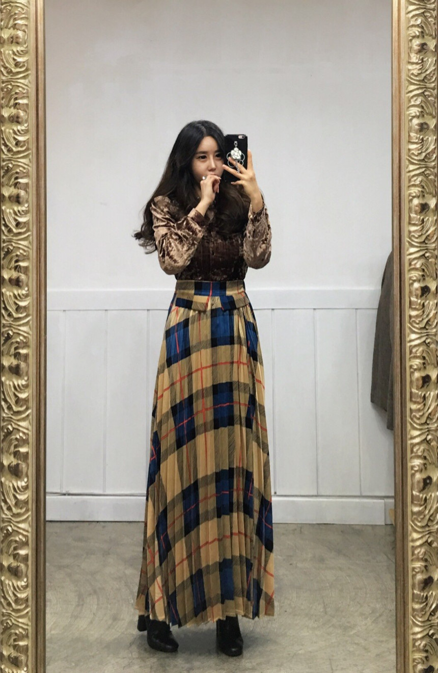 Milano Check Pleated Long Skirt 2COLOR Women's 