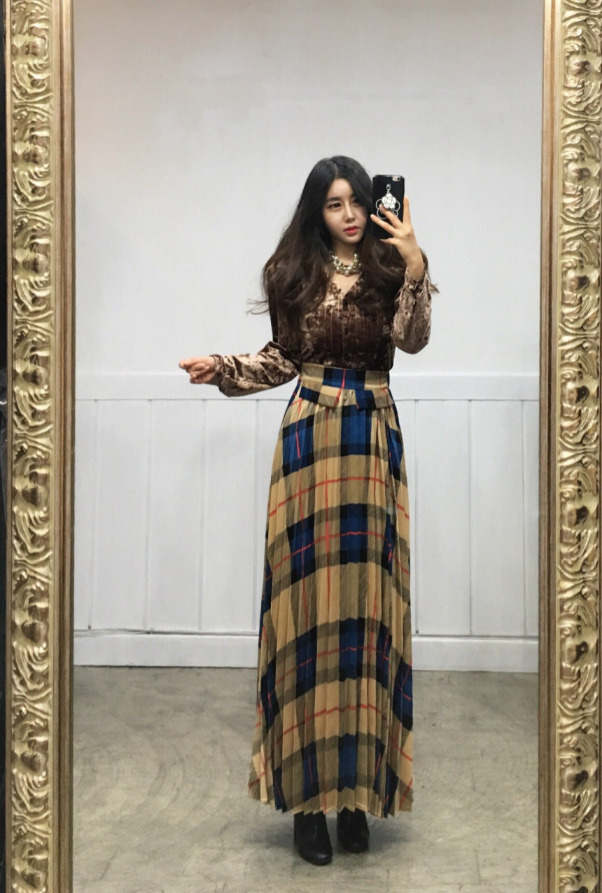 Milano Check Pleated Long Skirt 2COLOR Women's 