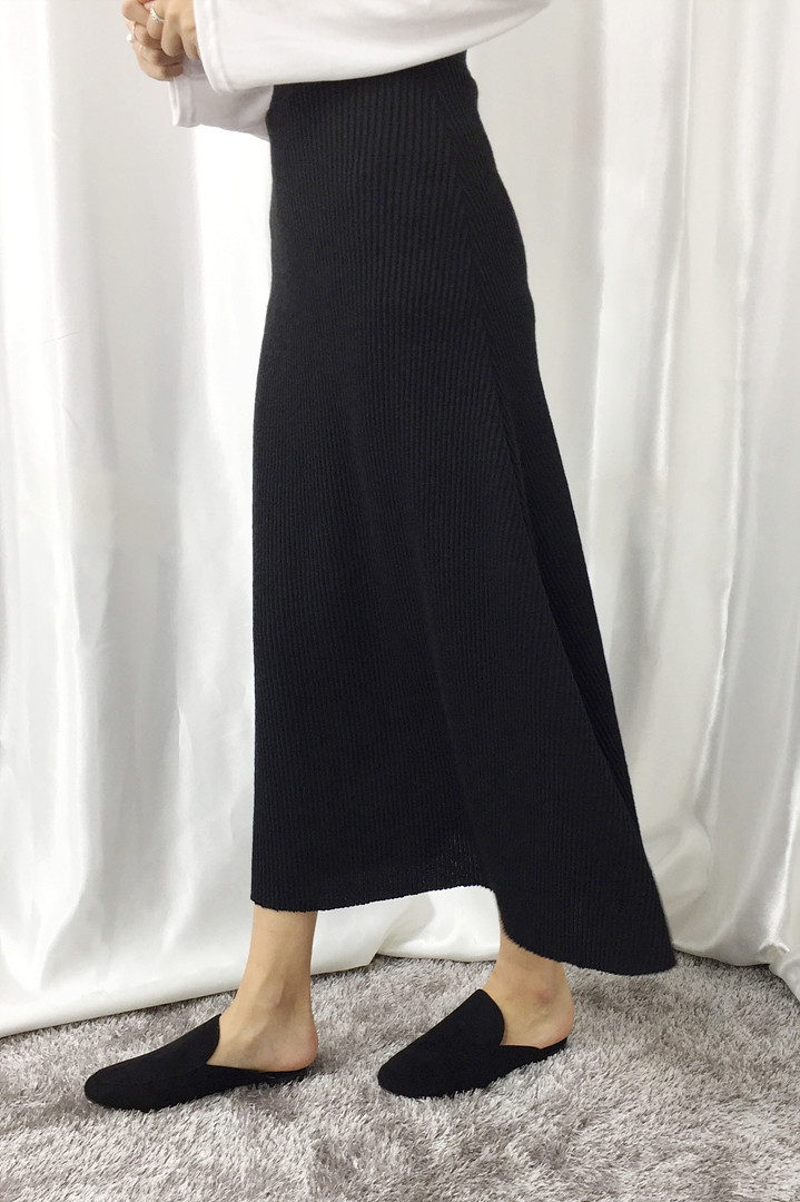 Knit Flare Long Skirt Winter Black Banding Autumn 
