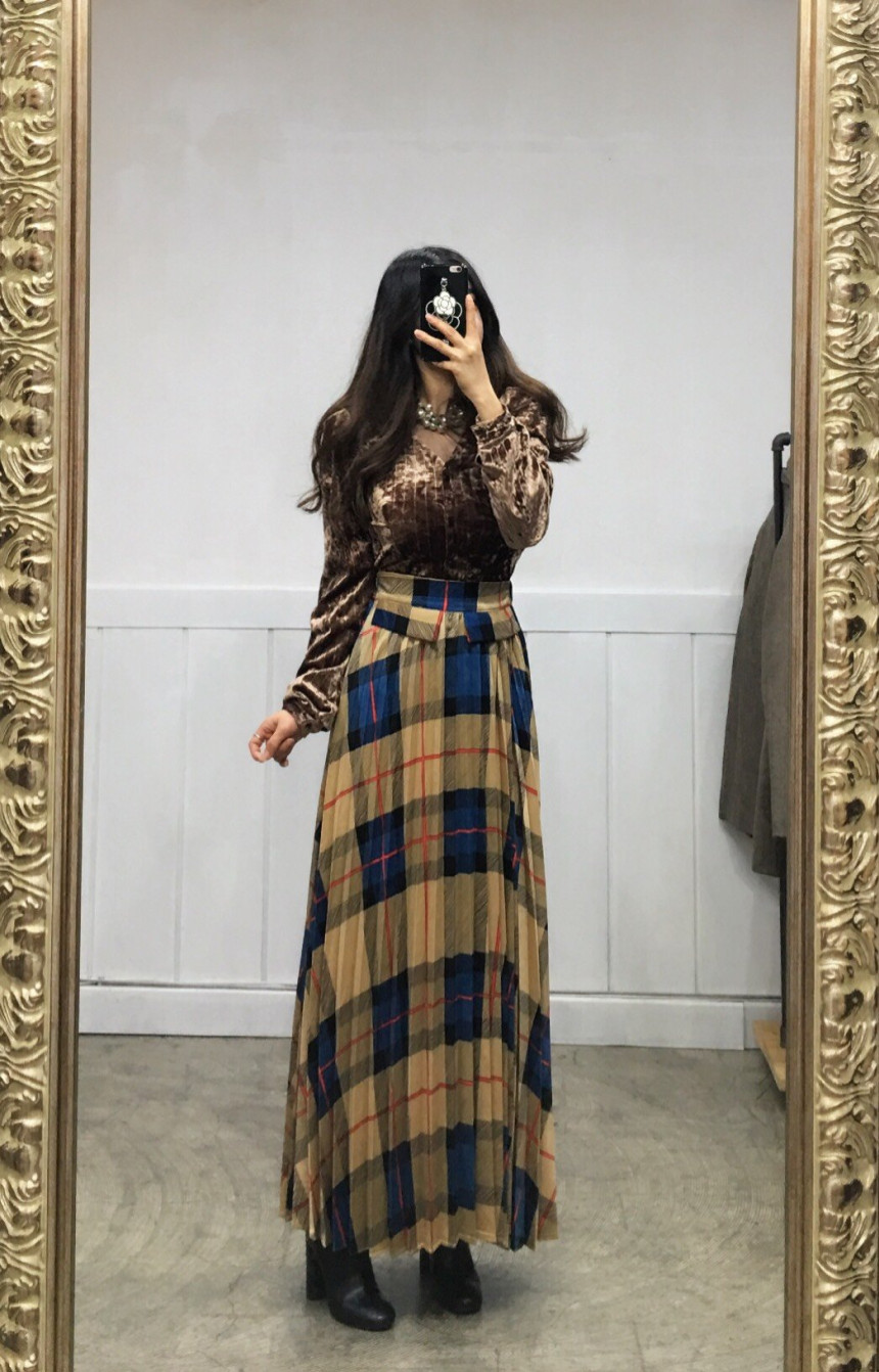 Milano Check Pleated Long Skirt 2COLOR Women's 
