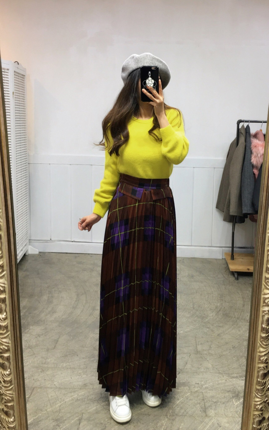 Milano Check Pleated Long Skirt 2COLOR Women's 