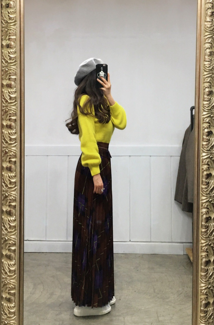 Milano Check Pleated Long Skirt 2COLOR Women's 