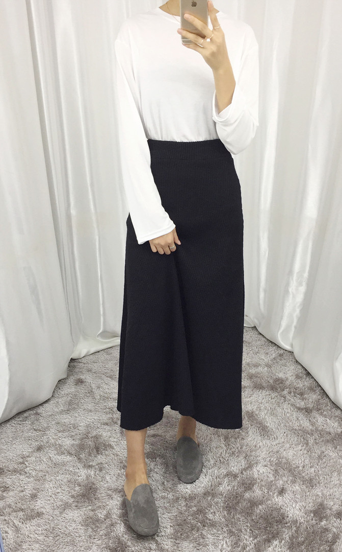 Knit Flare Long Skirt Winter Black Banding Autumn 