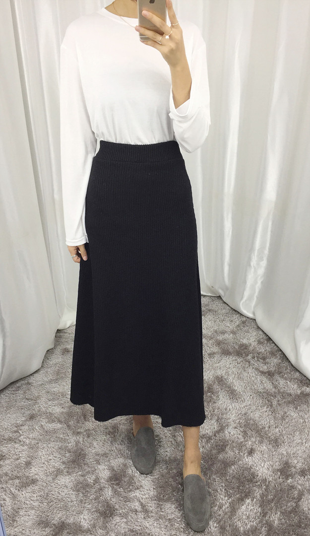 Knit Flare Long Skirt Winter Black Banding Autumn 