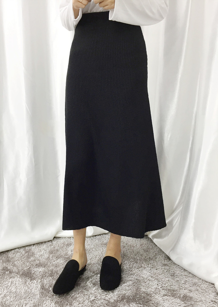Knit Flare Long Skirt Winter Black Banding Autumn 