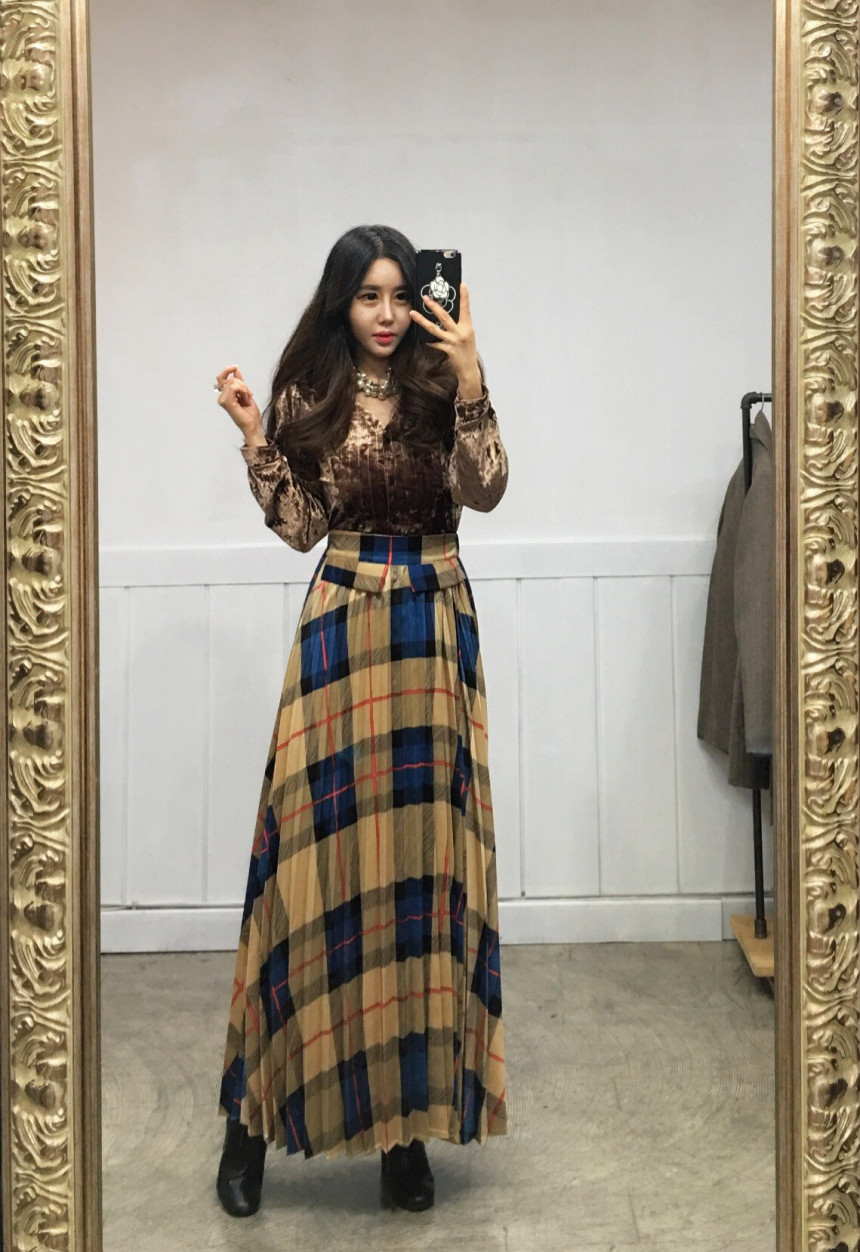 Milano Check Pleated Long Skirt 2COLOR Women's 