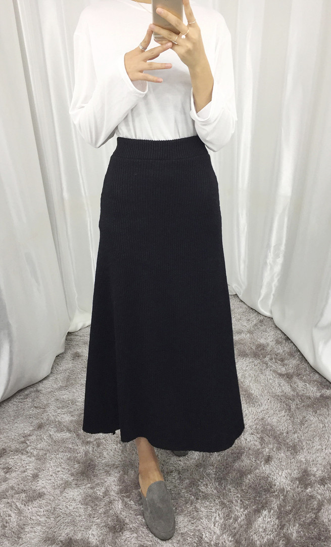 Knit Flare Long Skirt Winter Black Banding Autumn 