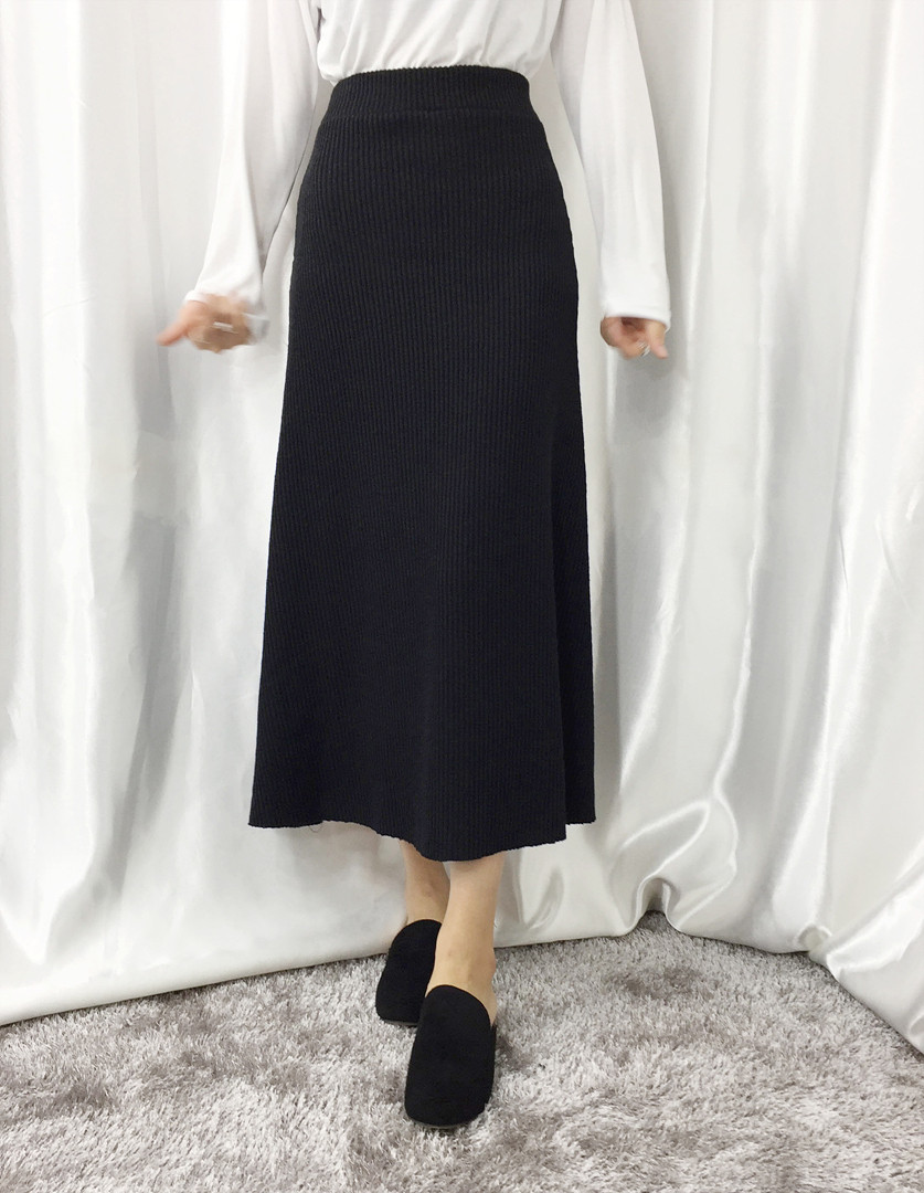 Knit Flare Long Skirt Winter Black Banding Autumn 