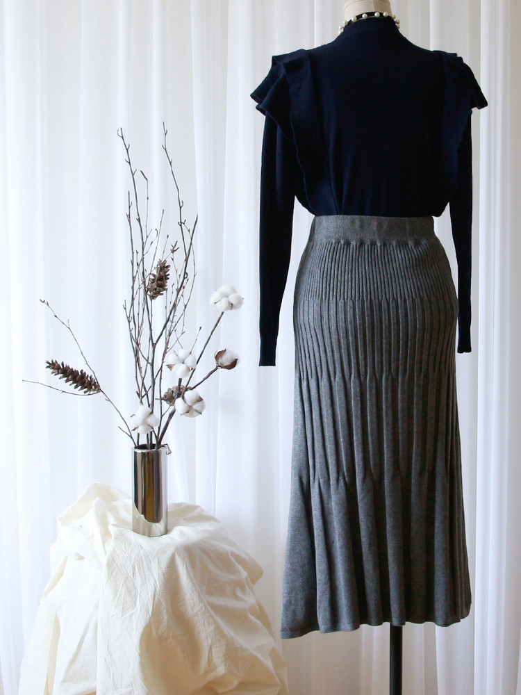 Mermaid Flare Pleated Banding Long Winter Skirt