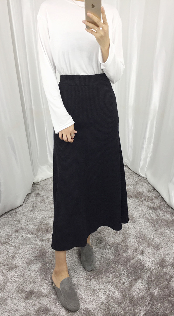 Knit Flare Long Skirt Winter Black Banding Autumn 
