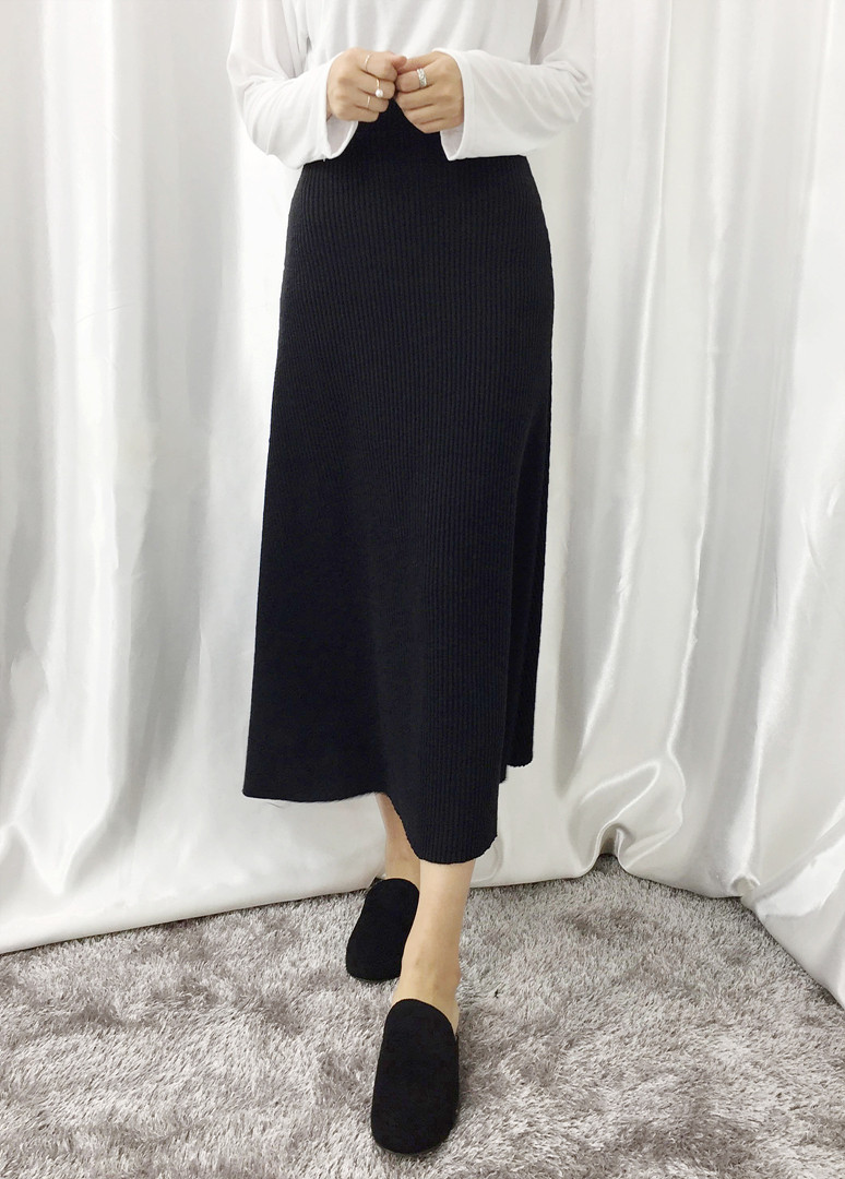 Knit Flare Long Skirt Winter Black Banding Autumn 