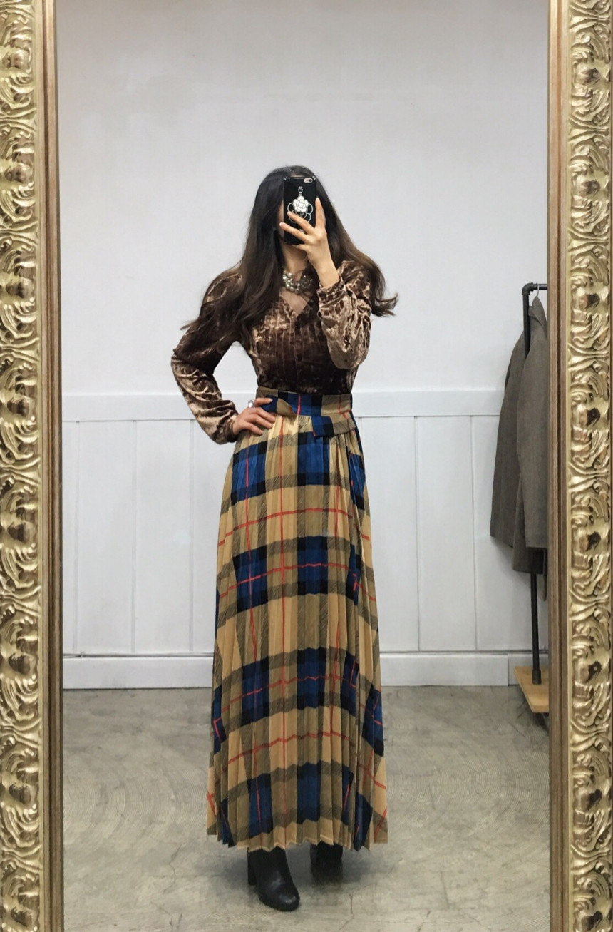 Milano Check Pleated Long Skirt 2COLOR Women's 