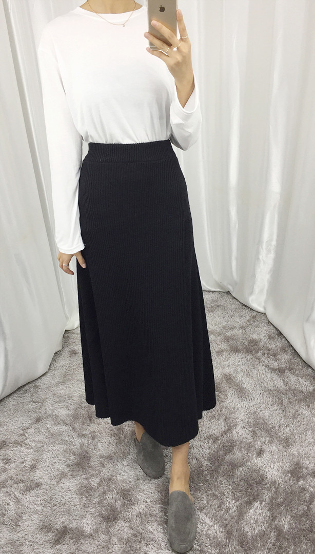 Knit Flare Long Skirt Winter Black Banding Autumn 