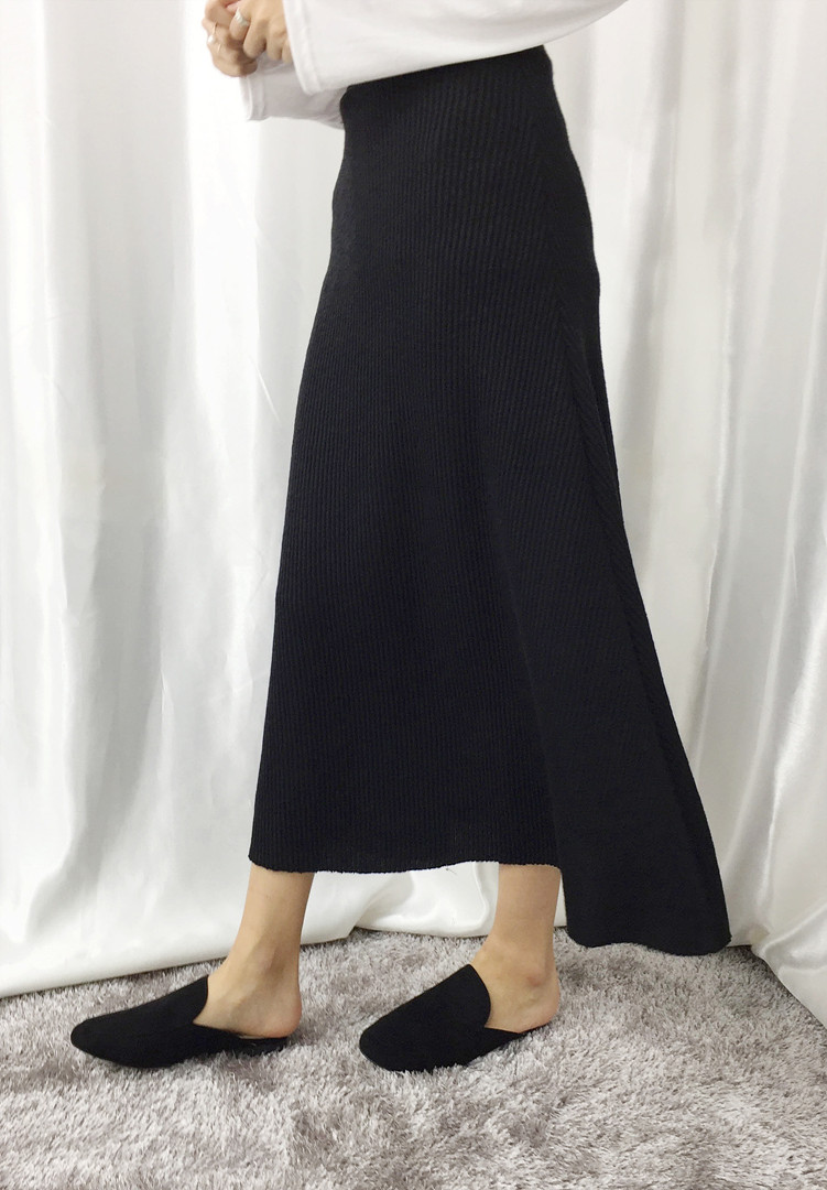 Knit Flare Long Skirt Winter Black Banding Autumn 
