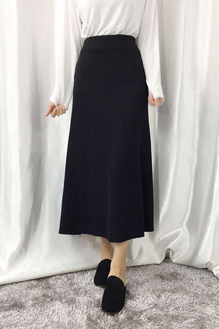 Knit Flare Long Skirt Winter Black Banding Autumn 