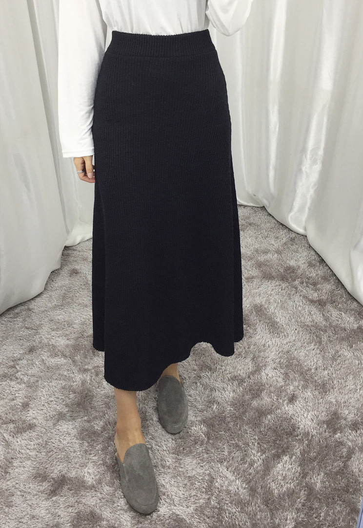 Knit Flare Long Skirt Winter Black Banding Autumn 