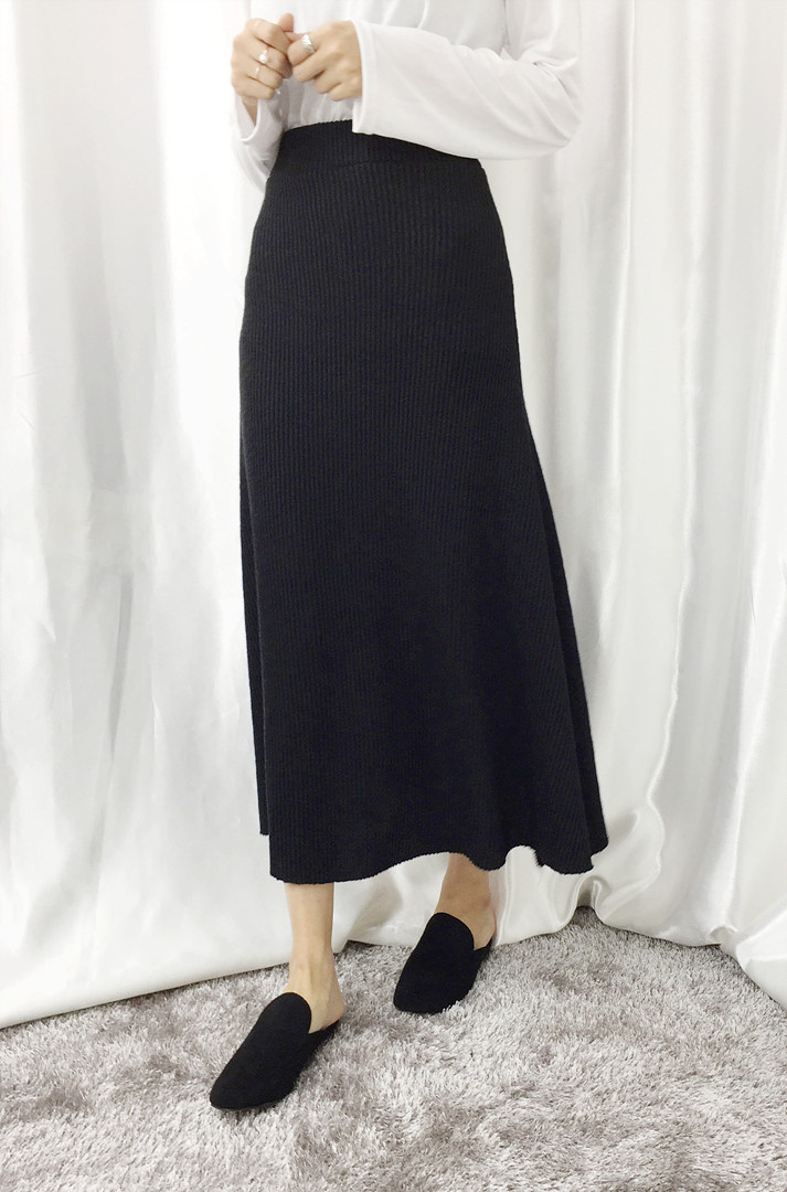 Knit Flare Long Skirt Winter Black Banding Autumn 